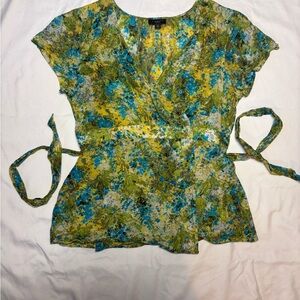Talbots Vibrant Floral Wrap Blouse - Yellow and Blue